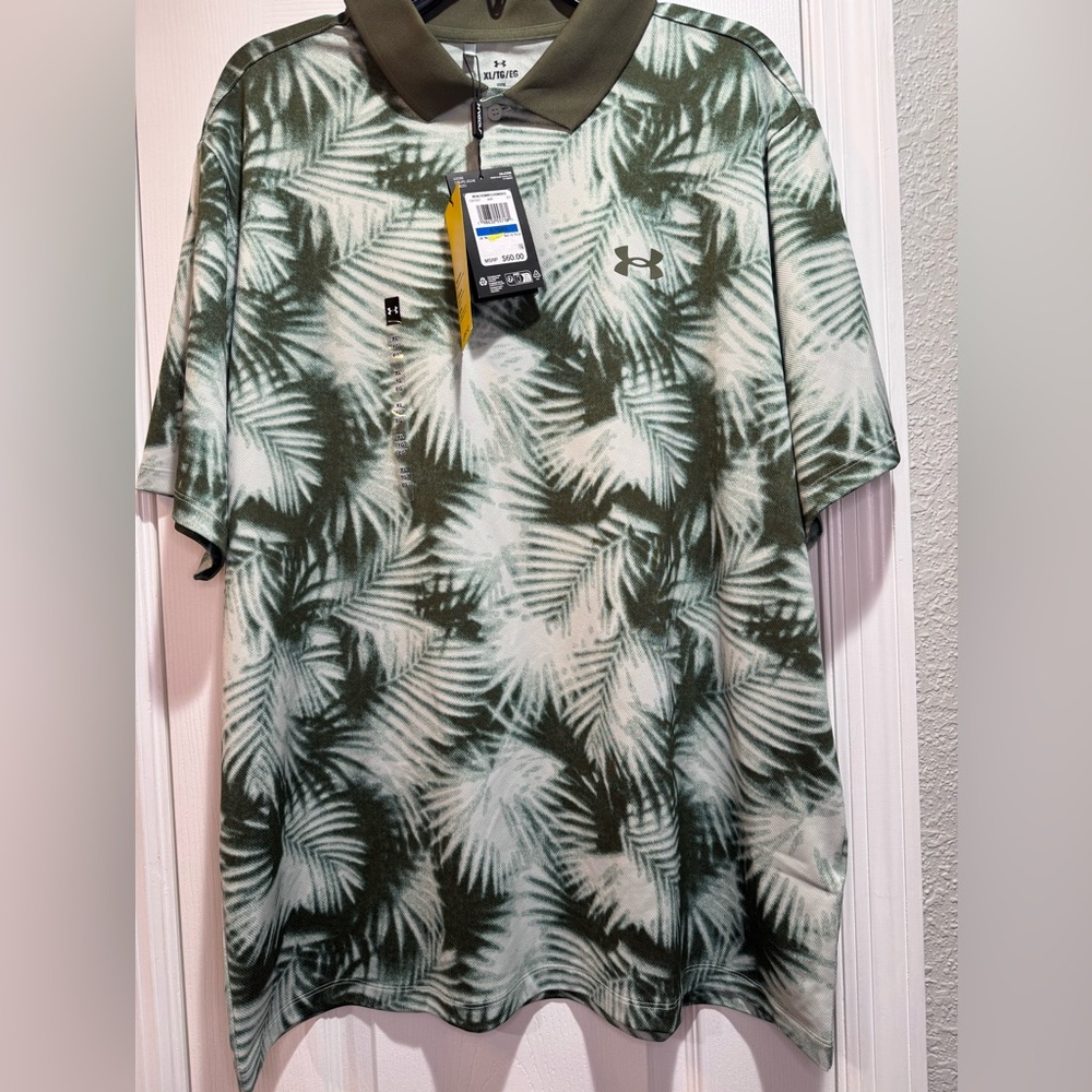 Under Armour Golf Polo Shirt Mens Printed Palm Leaf Green Matchplay NWT SZ XL
